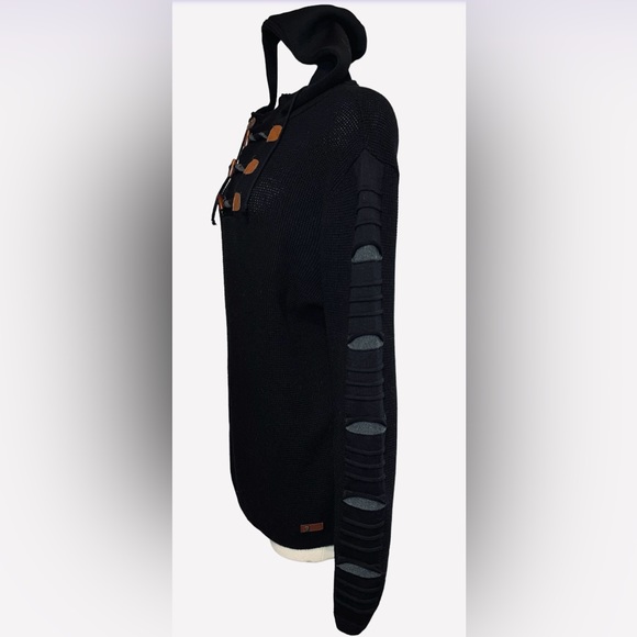 LCR Black Edition Men's Black Pullover Sweater Hoodie Leather Detail - Picture 4 of 7